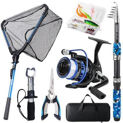 Tripquips Fishing Rod and Reel Combo with Fishing Net, 6.9ft Telescopic Fishing Pole Kit with Fishing Pliers, Lip Gripper, Fishing Lures,Pre-Loaded Spinning Reel Combo - color: Blue