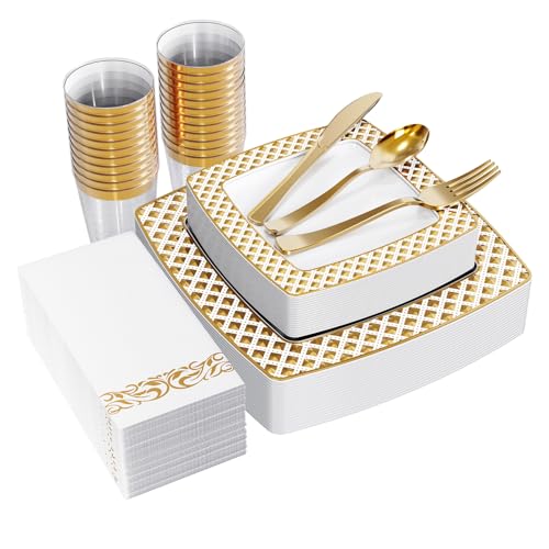 FOCUSLINE 175 Pieces Gold Square Disposable Dinnerware Set for 25 Guests - color: Gold Diamond Rim Plates