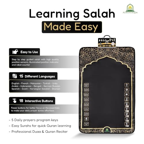 Educational Prayer Mat for Teens and Adults - Interactive Islamic Prayer Rug with LED Position Indicator, LCD Rakat Counter, Compass, 50 Touch-Sensitive Buttons, Non-Slip Backing
