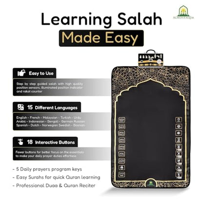 Educational Prayer Mat for Teens and Adults - Interactive Islamic Prayer Rug with LED Position Indicator, LCD Rakat Counter, Compass, 50 Touch-Sensitive Buttons, Non-Slip Backing