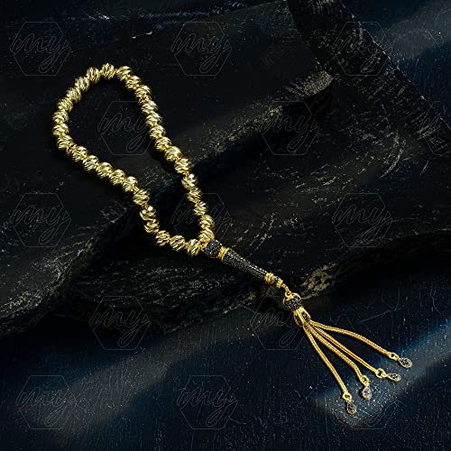 925 Sterling Silver Gold Plated Onyx Islamic Prayer Beads Rosary Tasbeeh Misbaha