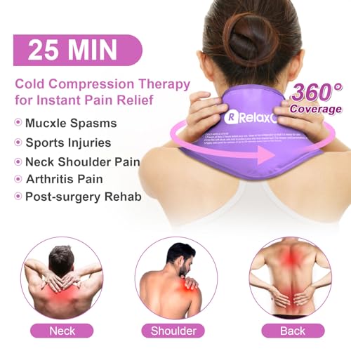 RelaxCoo Neck Ice Pack Wrap, Reusable Gel Ice Pack for Neck Shoulders, Cold Compress Therapy for Pain Relief, Injuries, Swelling, Bruises, Sprains, Inflammation and Cervical Surgery Recovery Purple - style: Purple-1 Pack