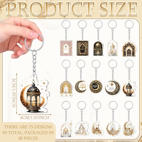 Liliaafar 15 Pcs Islamic Keychain Gifts Bulk Acrylic Muslim Keychain Ramadan Eid Gifts Bulk Stars Moon Rosary Religious Party Favors for Ramadan Hajj Wedding (Attractive) - style: Attractive