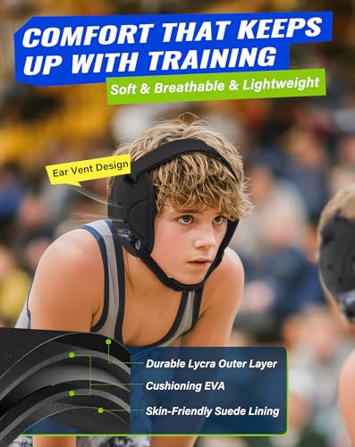 Trymaker Wrestling Headgear, Head Gear for Youth with Chin Cup & Pad | Head Under 21", Ages 4–9, Sorf Triple-Layer Ear Guard, 3-Point Adjustment System, MMA, Jiu-Jitsu, BJJ - color: Black Headgear & Black Strap