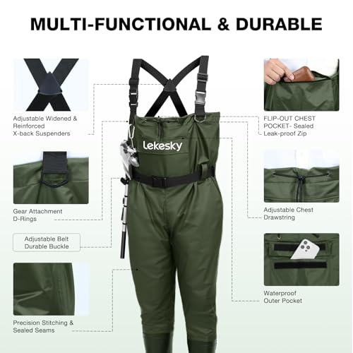 Lekesky Fly Fishing Chest Waders with Boots for Men Women, US Sizes 5–14,2-Ply Nylon/Pvc Waterproof Waders - color: Green, size: M9/W11