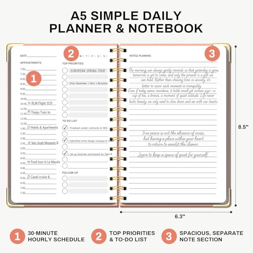 Ovesmusl Undated Daily Planner - 126 Days Hourly Schedule & To Do List - A5 PU Leather Hardcover Spiral Notebook planner with stickers, Metal Corner Protectors & Back Pocket for Work & School, Pink - style: Pink
