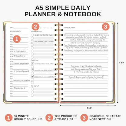 Ovesmusl Undated Daily Planner - 126 Days Hourly Schedule & To Do List - A5 PU Leather Hardcover Spiral Notebook planner with stickers, Metal Corner Protectors & Back Pocket for Work & School, Pink - style: Pink