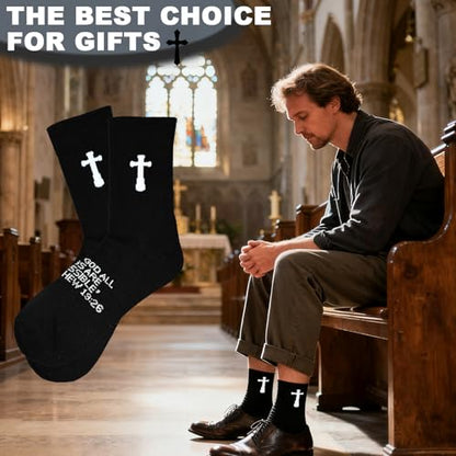 3 Pairs Christian socks Prayer socks Birthday Gifts for Dad,Men Husband Grandp Fathers Day Christmas - color: Matthew 19:26 - Black