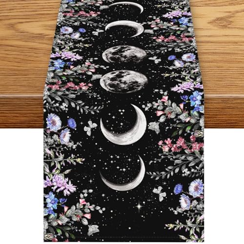 Boho Floral Table Runner, Gothic Boho Spring Moon Phase Wild Flower Tarot Mystical Witchy Coffee Table Center Decor for Family Kitchen Outdoor Holiday Party Table Decorations, 13"x36" - color: Moon Flower-8, size: 13“ X 36"