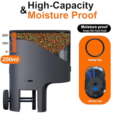 WiFi Automatic Fish Feeder with 2.5K Camera, 2.4/5G Smart App Control, Vacation Feeding Timer, 200ml Moisture-Proof Flake Food Dispenser, Remote Precision Aquarium Feeder for 10+ Gallon Tanks - color: Dark Grey
