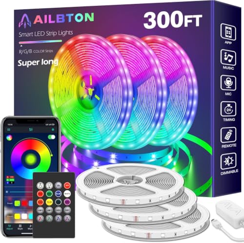AILBTON 300ft Led Strip Lights(3 Rolls of 100ft led Lights) Ultra Long Led Light Strip with App Voice Control Remote,5050 RGB Music Sync Color Changing Led Lights for Bedroom,Party,Home Decoration - size: 300FT