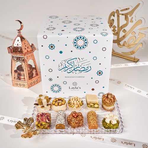 Layla’s Delicacies Mediterranean Treats Gift Box for Ramadan Mubarak - Handmade Healthy Mixed Nutty Flavors Pastries - Halal, Vegetarian, Gluten Free - 46 Bite-Size Treats - color: Ramadan Gift Box, size: 46 Count (Pack of 1)
