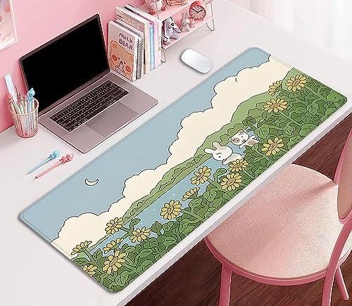 Sunflower Cute Anime Desktop Mat, Desk Mat for Keyboard and Mouse, Gaming Mat for Computer Office Home Work (27.5X11.8 in) - color: Sunflower and 2 Rabbits-2