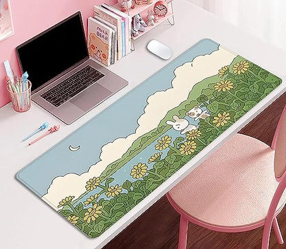 Sunflower Cute Anime Desktop Mat, Desk Mat for Keyboard and Mouse, Gaming Mat for Computer Office Home Work (27.5X11.8 in) - color: Sunflower and 2 Rabbits-2