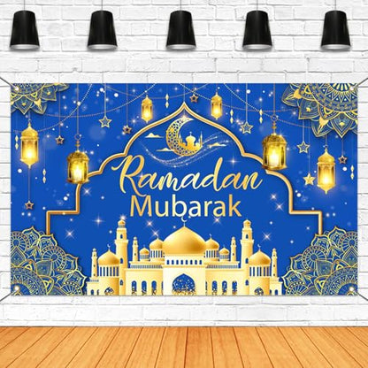 Mocsicka Ramadan Mubarak Banner Backdrop for Muslim Ramadan Kareem, Eid al-Fitr and Eid al-Adha (Blue and Gold, 70.8x43.3 inch, Polyester) - color: Blue and Gold