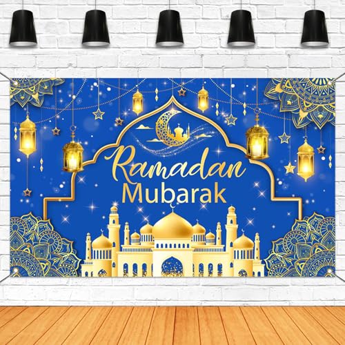 Mocsicka Ramadan Mubarak Banner Backdrop for Muslim Ramadan Kareem, Eid al-Fitr and Eid al-Adha (Blue and Gold, 70.8x43.3 inch, Polyester) - color: Blue and Gold