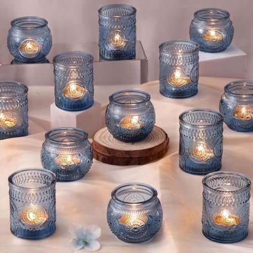 DARJEN 24Pcs Blue Votive Candle Holders - Glass Candle Holder for Party Decoration, Tea Lights Candle Holder for Wedding Shower & Gift - color: Blue, size: 24 PCS