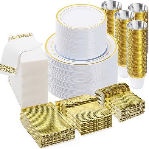 BESTVIP 700 PCS Disposable White and Gold Plastic Plates for 100 Guests - color: Gold, size: 100 Guests