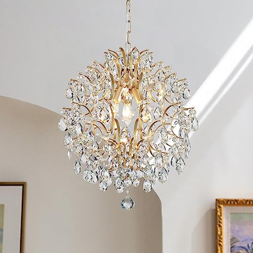 Bestier Modern Gold Pendant Chandelier Crystal Raindrop Lighting Ceiling Light Fixture Lamp for Dining Room Bathroom Bedroom Livingroom entryway 3 E12 Bulbs Required D16 in x H18 in - color: Gold, size: D16" x H18"