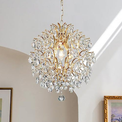 Bestier Modern Gold Pendant Chandelier Crystal Raindrop Lighting Ceiling Light Fixture Lamp for Dining Room Bathroom Bedroom Livingroom entryway 3 E12 Bulbs Required D16 in x H18 in - color: Gold, size: D16" x H18"
