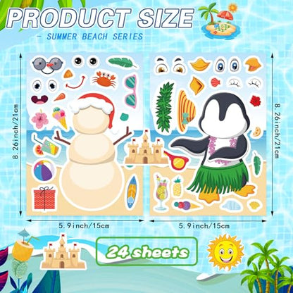 Summer Stickers for Kids, July Christmas Hawaii Tropical Beach Stickers | 24 PCS Make Your Own Mix and Match Sticker with Santa Claus, Reindeer, Penguin, Polar Bear and Snowman, Make a Face Stickers - style: July Christmas Stickers