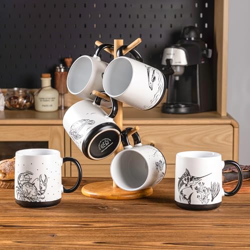 AmorArc Large Coffee Mugs Set of 6, 18oz Ceramic Coffee Cups with Sea Life Textured Patterns for Tea Latte Cocoa. Easy to Hold&Clean, Dishwasher&Microwave Safe, Matte - color: Matte White-Black Pattern