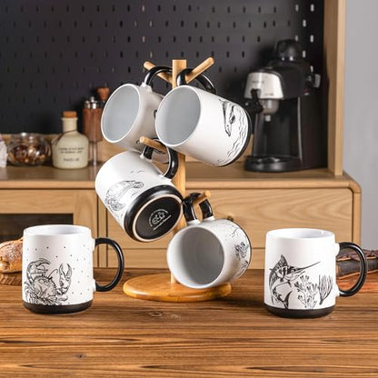 AmorArc Large Coffee Mugs Set of 6, 18oz Ceramic Coffee Cups with Sea Life Textured Patterns for Tea Latte Cocoa. Easy to Hold&Clean, Dishwasher&Microwave Safe, Matte - color: Matte White-Black Pattern