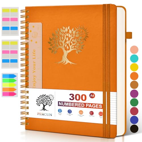 Large Spiral Notebook Journal for Women Men - 300 Numbered Lined Pages, College Ruled, A4 Hardcover Spiral Bound Notebook for School, Work, Note Taking, Writing, Leather Spiral Journal 8.5"x11" - color: Orange, size: A4 size (8.5in x 11.5in)