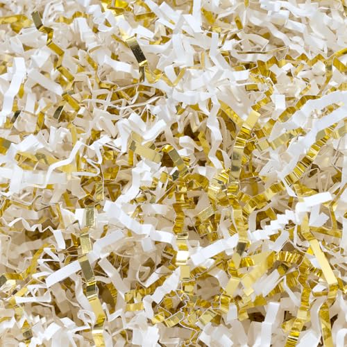 Wowxyz 1 LB Crinkle Cut Paper Shred White & Gold Crinkle Shredded Paper for Gift Baskets - Gift Box Bag Filler - Confetti Stuffing for Birthday, Holiday Present Packaging Wrapping - color: White and Gold