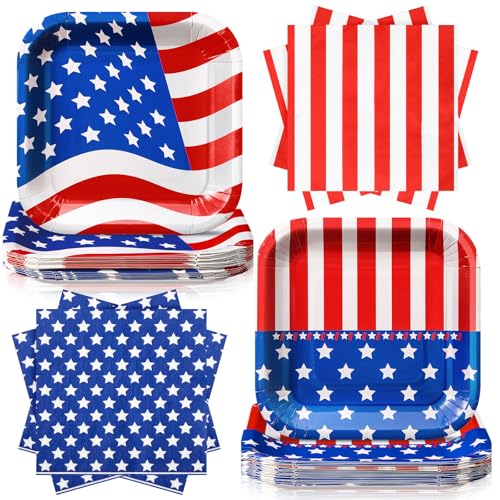 Zhehao 72 Pcs 4th of July Plates and Napkins Set Serve 36, 7" Patriotic Paper Plates and Napkins Red White and Blue American Flag Disposable 250th Anniversary Patriotic Party Supplies Dinnerware - style: American Flag
