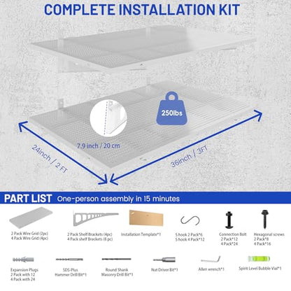 ZONEGRACE 4-Pack 1.5x4ft Garage Storage Wall Shelves, 1000 Lbs Heavy Duty Wall Mounted Shelves, Flat Rack Garage Floating Shelves With Complete Install Kit, White - color: White, size: 1.5x4ft-4pack