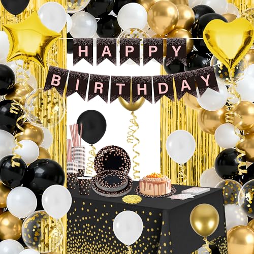 165 Pcs Black and Gold Birthday Decorations for Men and Women,Party Supplies Kit with Tablecloth,Paper Plates, Balloon, Happy Birthday Banner, Fringe Curtains, Cake Topper, Cups, for 25 Guests - style: Black and Gold