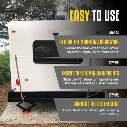 Stromberg Carlson CL-100 Bumper Mounted Clothesline - 48" aluminum foldable travel drying rack for RV Bumper, camper, and outdoor use; 84" hanging space, ideal RV clothesline and camping laundry rack. | Fits 4 in square bumpers, 84 in hanging space, bars