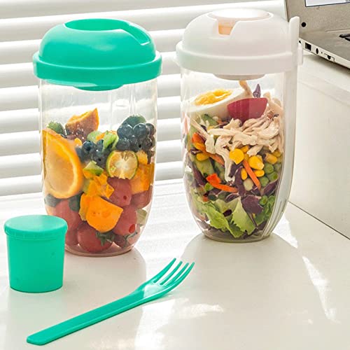 Keep Fit Salad Meal Shaker Cup,Salad Dressing Container to Go,Portable Fruit and Vegetable Salad Cups Container with Fork & Salad Dressing Holder for Lunch(Green)