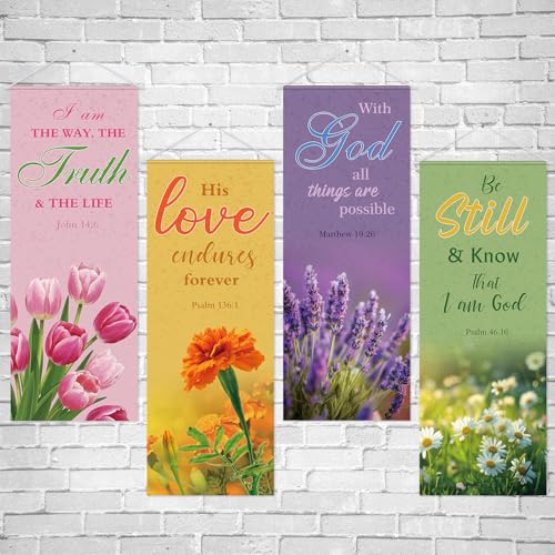 Panelee 4 Pcs Church Banners for Sanctuary Wall Blooming Flower Church Banners with Scripture Inspirational Religious Praise Bible Verses Hanging Backdrop Signs for Sunday School Worship Decoration - style: Bible Flower