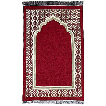 Modefa Turkish Islamic Prayer Mat - Thin Woven Chenille Sajjadah - Intricate Praying Rug Ramadan Eid Gift - Traditional Muslim Janamaz Sajada for Men Women - Geometric Selcuk Star (Red) - color: Red