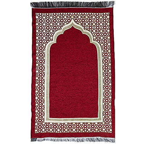 Modefa Turkish Islamic Prayer Mat - Thin Woven Chenille Sajjadah - Intricate Praying Rug Ramadan Eid Gift - Traditional Muslim Janamaz Sajada for Men Women - Geometric Selcuk Star (Red) - color: Red