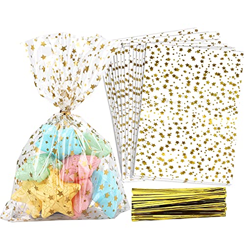 100 Pcs Star Printed 5"X 7" Gift Wrap Cello Cellophane Treat Bags Party Favor bags Clear Candy Cookie Bag Plastic Poly Goodie Storage Bag with Twist Ties for Bakery,Birthday, Wedding ,Party Decorations (Gold) - color: Gold, size: 5x7 in