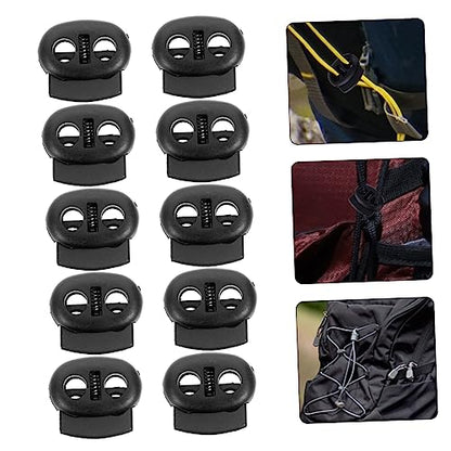 SEWACC 10pcs Double Hole Plastic Cord Lock Spring Loaded Stoppers for Backpack Luggage Outdoor Gear Lightweight Black - size: 10pcs