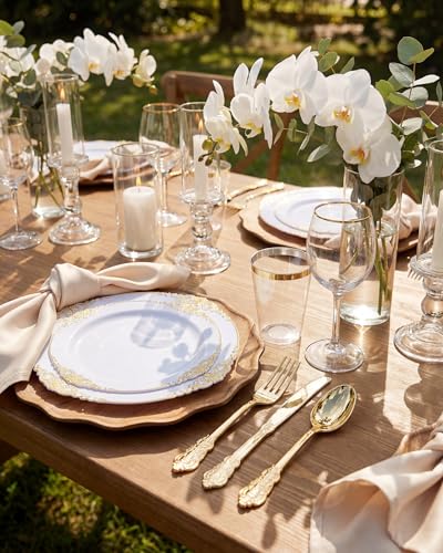 Nervure 175PCS White and Gold Plastic Plates - Disposable Dinnerware Set Include 50 Gold Plates for Dinner and Dessert, 75 Cutlery, 25Cups 25Napkins for Wedding & Party - color: Gold, style: 175Pcs(25Guests)