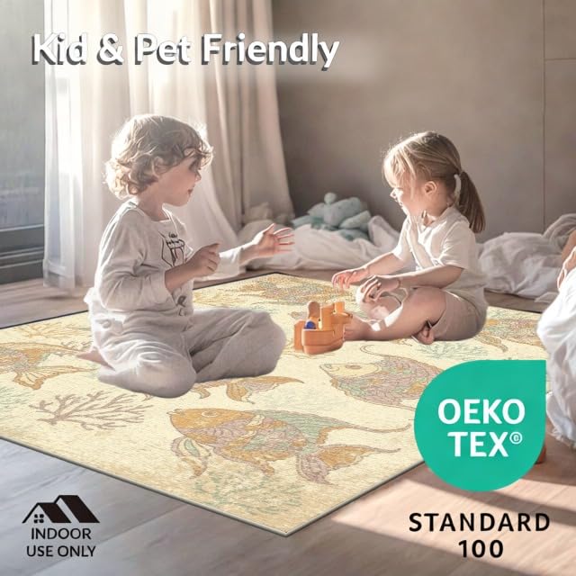6'x9' Washable Beachy Fish Area Rug, Beige Foldable Non-Slip Large Carpet for Queen Size Bedroom, Under Bed, Master Bedroom, Foldable Easy Care Carpet| Ref:1885581 - color: Beige/Pattern 44, size: 6' x 9' (Rectangular)