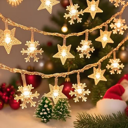 New Year Stars and Snowflakes Hanging String Lights, 20 LED Durable Warm Yellow Fairy Lights,Winter Birthday Mubarak Ramadan Kareem Patio Wedding Party Window Wall Indoor Outdoor Xmas Tree Decorations