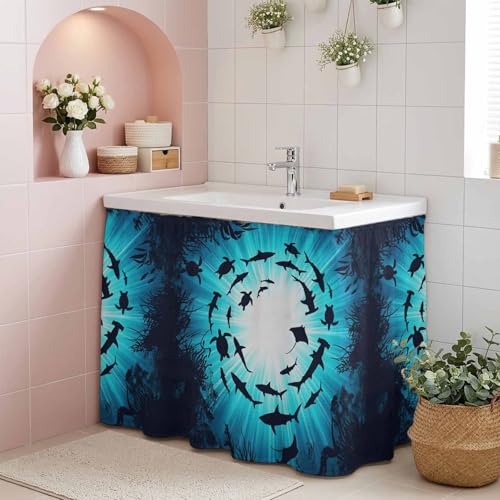 BEMIGO Blue Coastal Cabinet Curtain 32" Wx55 L, Dustproof Pantry Door Curtain with Self Adhesive Tape, Nautical Fish Turtle Coral Tall Storage Cover Privacy Drape for Bathroom Kitchen Laundry Room - size: 32"W x 55"L (Pack of 1)