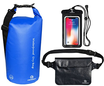 Freegrace Waterproof Dry Bag Set of 3 - Submersible Dry Sack with Double Zip Lock Seals - Includes Waist Pouch & Phone Case - Perfect for Kayaking, Swimming, Boating & Rafting (Navy Blue, 5L) - color: Navy Blue, size: 5L, style: Without Window