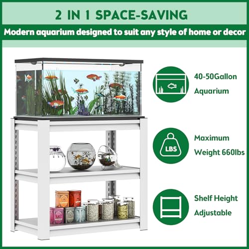 Adjustable 3-Tier Fish Tank Stand 40-50 Gallon Metal Aquarium Stand, Heavy Duty Reptile Tank Stand Rack 31.5 "L X 18 "W X 34" H, Suitable for Home and Office, Tank Not Included - color: Antique White