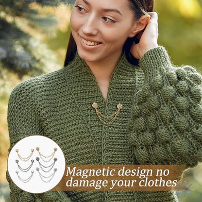 12 Pcs Magnetic Clothing Clips with Chain, Multi-Function Magnet Button Pins Hijab Cuff Clips for Women Clothes Sleeves Strong Magnet Pin for Fixing Hem of Clothes Long Pants Legs Sleeves of Shirts