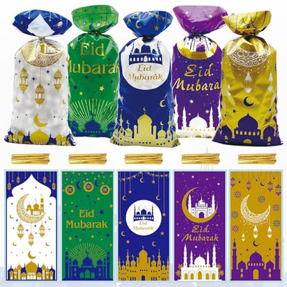 Hying 100 PCS Eid Mubarak Cellophane Bags with Twist Ties for Gift, Ramadan Cello Bag Eid Mubarak Castle Candy Bags Muslim Festival Moon Star Treat Bags for Cookie Candy Goodies Wrapping Supplies - color: Style 1: Eid Bags
