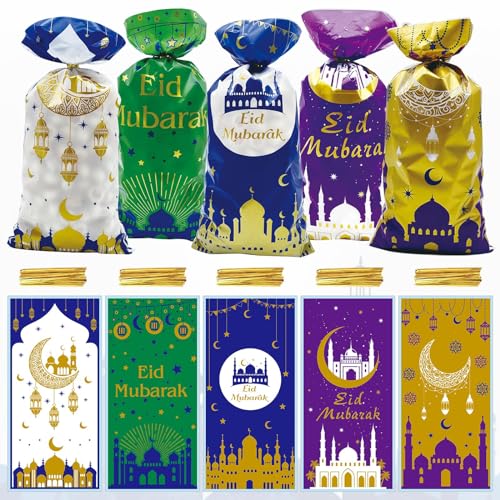Hying 100 PCS Eid Mubarak Cellophane Bags with Twist Ties for Gift, Ramadan Cello Bag Eid Mubarak Castle Candy Bags Muslim Festival Moon Star Treat Bags for Cookie Candy Goodies Wrapping Supplies - color: Style 1: Eid Bags