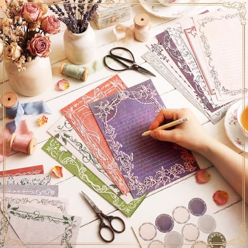 TaoBary 160 Pcs Stationery Paper Set 50 Double Sided Stationery Papers with 50 Matching Envelopes and 60 Round Dot Sticker, 10 design(vintage Lace Frame, 5.5 x 8.25 Inch) - size: 8.25 x 5.5 Inch, style: Vintage Lace Frame