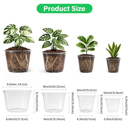 Bluepro Clear Nursery Pots with Drainage Holes, 5/6/8/10 Inch, 16-Pack | Clear PET, 4 Each of Four Large Sizes, Root and Moisture Visibility, Flexible, Reusable, Repotting and Plant Care - size: 5/6/8/10 Inch-16Pcs